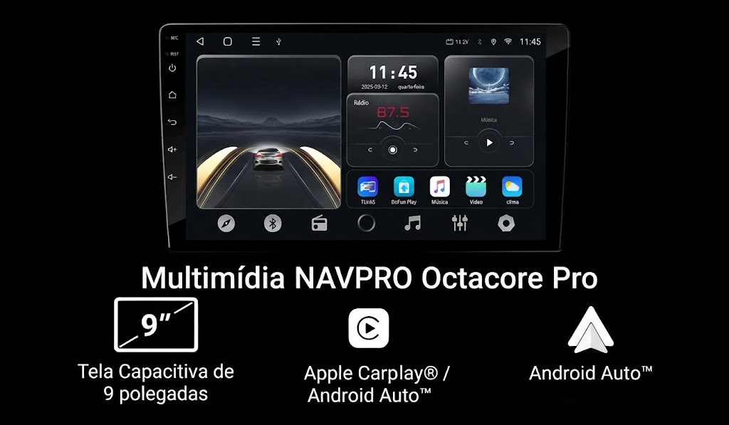Central Multimidia OCTACORE PRO UNIVERSAL Tela QLED IPS NAVPRO Carplay + Android Auto sem fio